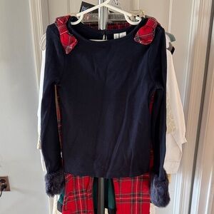 Janie & Jack Navy Blue Kids Shirt with Faux Fur Cuff and Red Plaid Bow Accents